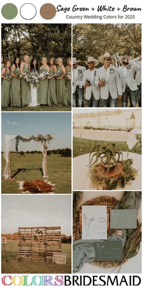 sage green white and brown for country wedding color palettes for 2025, sage green bridesmaid dresses, white bridal gown, white groomsmen suits and navy jeans and white hats, brown wooden wedding arch, wedding ceremony backdrop, stump of wedding centerpieces, sage green wedding invitations. #weddingcolors #weddingideas #countryweddings #rusticweddings #colsbm #2025 #bridesmaiddresses #sagewedding #sagegreenweddings #sagegreenwhiteandbrown Rustic Green Wedding Theme, Centerpieces Sage Green, White Groomsmen Suits, Green Brown Wedding, Sage Green Wedding Invitations, Arch Wedding Ceremony, Wooden Wedding Arch, Country Wedding Colors, Rustic Green Wedding