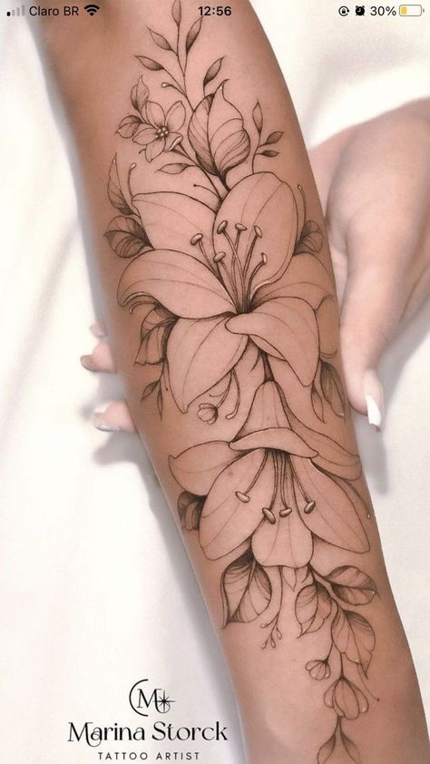 Lily Tattoo Sleeve For Women, Forearm Tattoo Women Grandpa, Nautical Shoulder Tattoos For Women, Water Lily Forearm Tattoo, Lily Rose Tattoo Ideas, Lily Arm Tattoo For Women, Water Lily Tattoo Sleeve, Lilly Tattoo Sleeve, Lily Flower Tattoos Sleeve