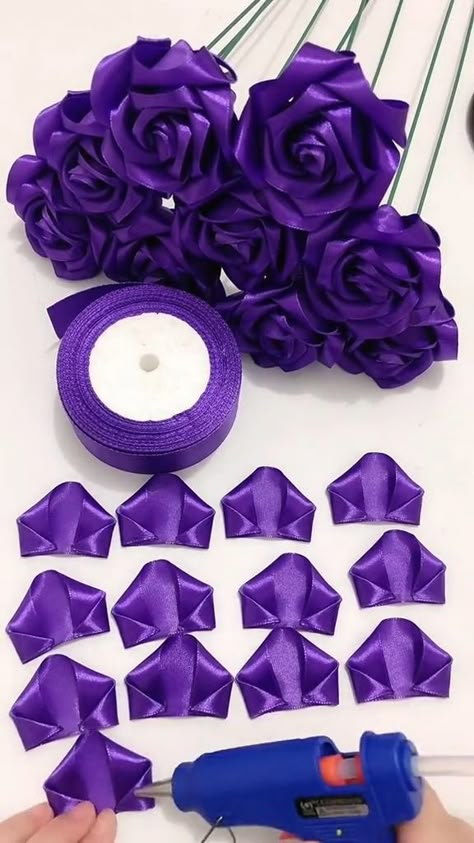 ribbon rose for you #handmade #craft #foryou #DIY #rose #beauty #purple😍🌷🌹🌺🌸😍👍👍 | DIYGlobal | The K Club · Can't Decide (feat. Jacquire King, Stephan Sharp) Ribbon Arts And Crafts, Purple Ribbon Flower Bouquet, Ribbon Roses Bouquet For Boys, Purple Ribbon Flowers, Purple Birthday Gifts, How To Make Rose With Ribbon, How To Make A Flower With Ribbon, Roban Flower, Purple Ribbon Bouquet