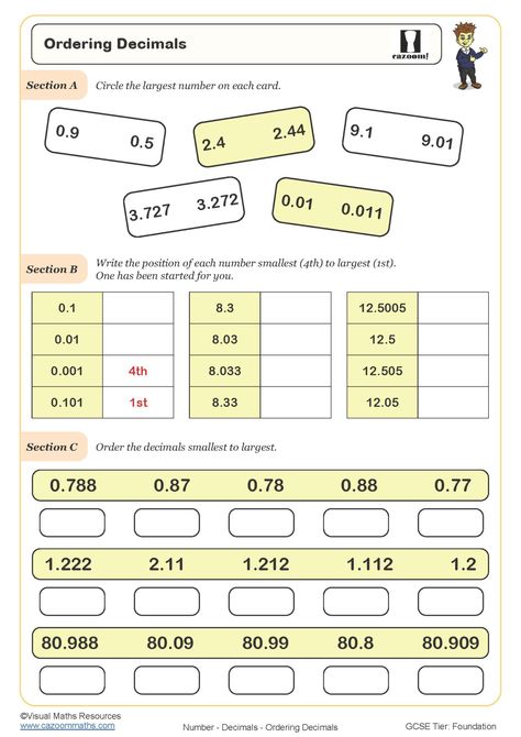 Ordering Decimals Worksheet | Printable PDF Ordering Decimals Worksheet Decimal Numbers, Ordering Decimals, Comparing Decimals, Decimals Worksheets, Decimal Number, Summer Coloring Pages, Year 5, Number Worksheets, Book Art Diy