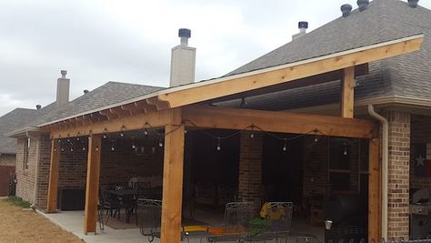 Patio Add On To House, Backyard Patio Addition Ideas, Sloped Roof Pergola, Patio With Hot Tub Ideas, Diy Covered Patio Attached To House, Lean To Patio Cover, Outdoor Patio Roof Ideas, Roof Riser, Patio Roof Extension Ideas