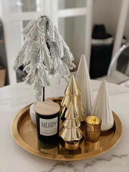 CHIC TALK is sharing this little holiday setup she has in her office and how you can shop this look! From the gold trees, golden plate, and candle shop all this home decor on her LTK page from Target! Golden Plate Decoration, Gold Tray Decor Ideas, Christmas Countertop Decor Ideas, Christmas Countertop, Gold Tray Decor, Golden Plate, Target Decor, Glamorous Decor, Pretty Christmas Decorations