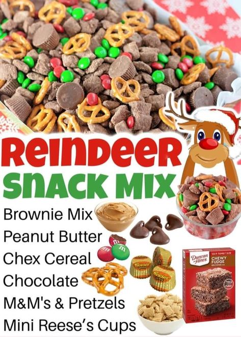 Theresa Causey - Rice Chex cereal – Corn Chex also work... Reindeer Trail Mix Kids, Easy Cheap Christmas Snacks, Hot Cocoa Chex Mix Recipe, Kid Friendly Christmas Snacks, Christmas Mix Snack, Holiday Snack Mix Ideas, Christmas Snack Mixes, Chex Mix Recipes Christmas, Reindeer Snack