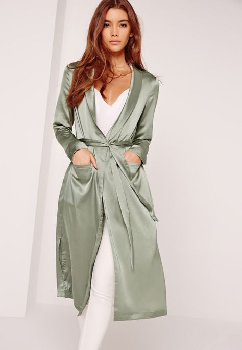 A Sleek Satin Duster From Missguided Duster Outfit, Outer Satin, Satin Duster, Women Silk Robe, Duster Coats, Satin Coat, Long Duster, Bridal Party Robes, Satin Kimono