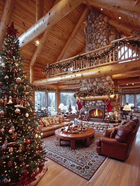 Log Cabin Ideas | Amazing 😍 | Facebook Log House Christmas Decorating, Christmas Decor Ideas Cabin, Log Cabin Home Decor, Christmas Cabin Interior, Beautiful Log Cabins, Luxury Log Cabin Interior, Christmas House Aesthetic, Log Cabin Christmas Decor, Log Cabin Houses