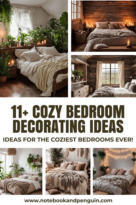 Collage pin featuring 6 cozy bedroom decorating ideas Cozy Bedroom Pillows, Relaxing Cozy Bedroom Ideas, Peaceful Aesthetic Home, Nature Aesthetic Room Decor, Cozy Bedroom With White Walls, Calm And Cozy Bedroom, Relaxing Room Decor, Peaceful Room Ideas, Warm Bedroom Colors Earth Tones