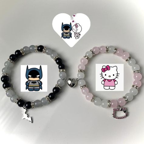 Batman and Hello Kitty bracelets🎀 Matching couple... - Depop Boyfriend Gifts Jewelry, Aesthetic Couple Bracelet, Bracelet For Couples Matching, Matching Bracelet Couple, Matching Gifts For Boyfriend, Bracelet Diy For Boyfriend, Batman And Hello Kitty Bracelets, Matching Hello Kitty Bracelets, Matching Couple Accessories