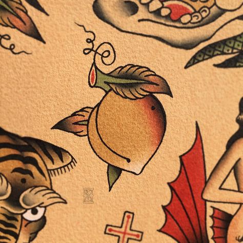 Peach Tattoo, Fruit Tattoo, Art Flash, Traditional Flash, Old School Tattoo Designs, American Tattoos, Traditional Tattoo Design, Vintage Flash, Classic Tattoo