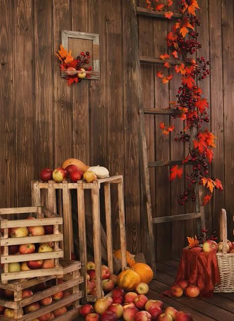 Spectacular Fall Decorations and Yard Installations Created with Pumpkins and Autumn Leaves Fall Photo Booth, Fall Backdrops, Outside Fall Decor, Decoration Vitrine, Halloween Decor Diy, Leaf Photography, Muslin Backdrops, Pumpkin Leaves, Wood Pumpkins