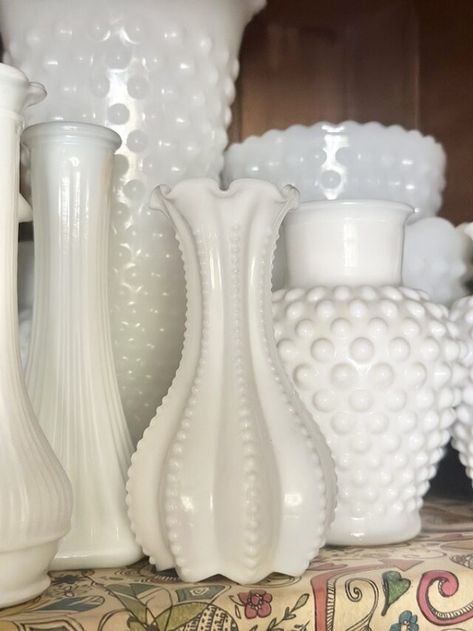 5 Best Ways to Collect and Use Vintage Milk Glass | Bungalow 47 Glass Bungalow, Milk Glass Display, Milk Glass Decor, Vintage Christmas Tree Toppers, Glassware Crafts, Thrifted Decor, Vintage Tree Toppers, Milk Glass Lamp, Milk Glass Collection