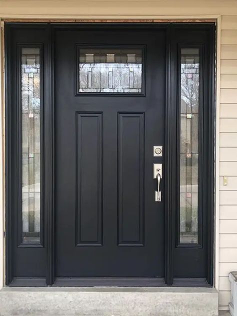 Black Front Door With Side Panels, Front Entry Door With Sidelights, Front Door With Sidelights Privacy, Craftsman Front Door Ideas, Black Doors Exterior Front Entry, Craftsman Front Door, Warehouse Windows, Door With Sidelights, Entry Door With Sidelights