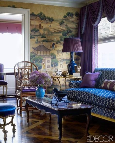 Color Outside the Lines: Designer on the Move - Alex Papachristidis Alex Papachristidis, Horned Serpent, Chinoiserie Interior, Purple Living Room, Big Energy, Purple Interior, Blue Room, Wicker Decor, Chinoiserie Chic