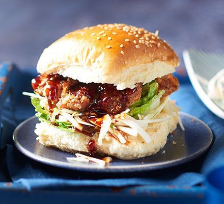 Copy the latest Korean street food trend with ultra-crisp, double-fried chicken, a quick kimchi slaw and lashings of sticky chilli sauce Kimchi Slaw, Quick Kimchi, Party Food Easy, Fried Chicken Burger, Chicken Food Recipes, Spicy Fried Chicken, Chicken Burgers Recipe, Street Food Recipes, Korean Food Recipes