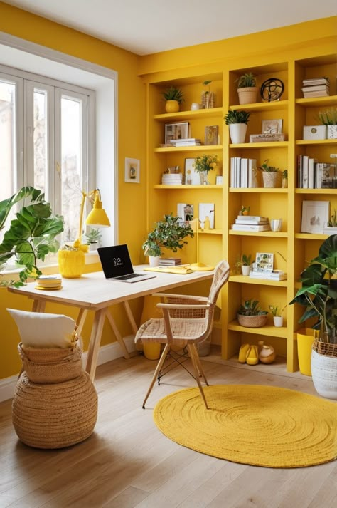 Home Office Colourful, Yellow Office Walls, Bright Colorful Office, Yellow Office Decor, Home Office Bright, Bright Office Colors, Mustard Office, Small Desk Setup, Colourful Home Office