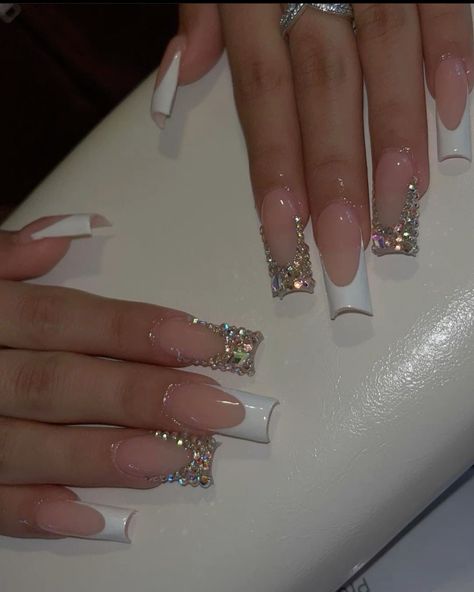 Nails French Tip Diamonds, Long French Tip With Gems, Short White Acrylic Nails With Gems, French Tip With Gems Nails, Long French Tips With Diamonds, Long White French Tip Nails With Gems, French Tip Acrylic Nails With Gems, White French Tip Nails With Gems, Blinged Out French Tip