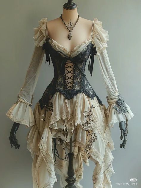 Fairy Inspired Dress Short, Ripped Wedding Dress, 19th Century Dress Aesthetic, Elegant Old Fashioned Dresses, Elegant Cottagecore Outfits, Mad Hatter Dress Inspired Outfits, Simple Steampunk Outfit, Moon Witch Outfit, Demon Outfits Female