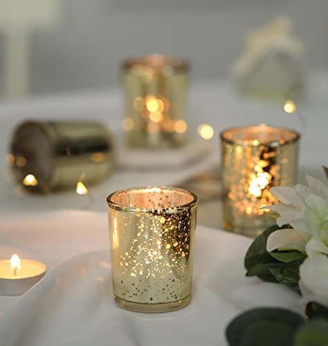 Gold Tea Lights Wedding, Mercury Glass Votives Wedding, Gold Mercury Votives, Mercury Votives Wedding Centerpieces, Gold Tea Lights, Silver Votives Wedding, Small Votive Candles Wedding, Gold Tealight Holders, Votive Candles Wedding Centerpiece