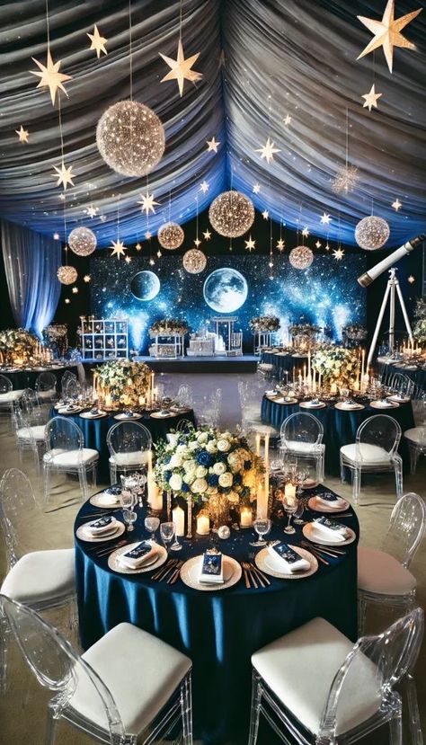 Under The Stars Dinner Party, Moon Theme Quinceanera, Starry Night Table Decor, Galaxy Wedding Ideas, Night Sky Wedding Theme, Starry Night Centerpieces, Astronomy Wedding Theme, Galaxy Wedding Theme, Starry Night Gala