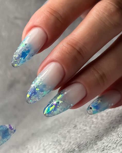 Blue Topaz Nails, Blue Jewel Nails, Blue Nails With Crystals, Clear Blue Nails, Blue Crystal Nails, Ice Blue Nails Winter, Silver And Blue Nails, Nails Crystals, Pastel Blue Nails