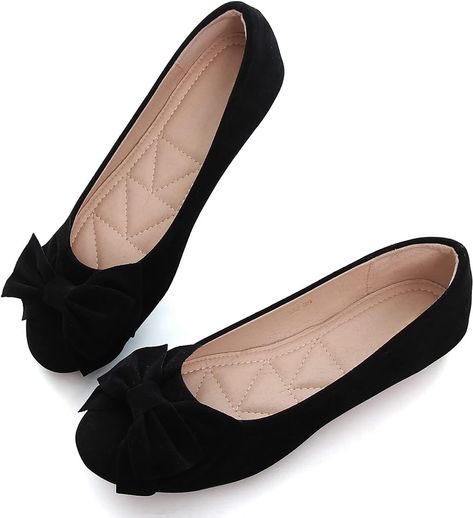 Amazon.com | VFDB Women Classy Cute Bow-Knot Ballet Flats Round Toe Daily Cozy Comfort Slip on Flat Shoes Black US 9 | Flats Working Shoes, Girls Dress Shoes, Black Flats Shoes, Suede Ballet Flats, Bow Flats, Suede Flats, Womens Ballet Flats, Boot Brands, Cute Bows