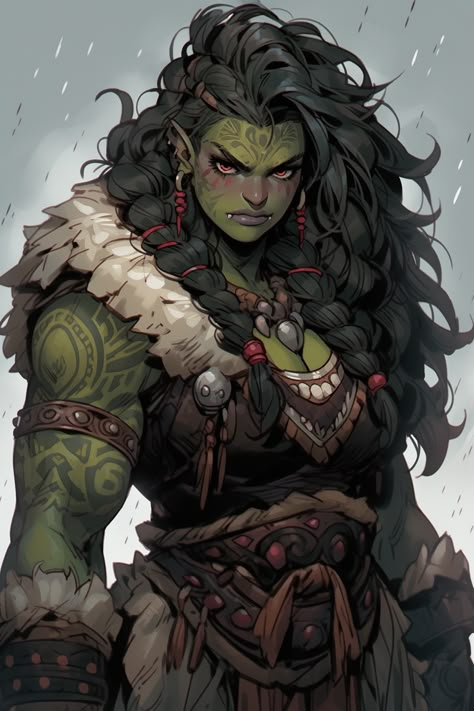 Muscular Orc Woman, Goliath Barbarian Female Dnd, Orc Barbarian Woman, Orc Woman Character Design, Orcs Character Design, Dnd Half Orc Woman, Orc Fighter Dnd, Goliath Dnd Woman, Half Orc Kid