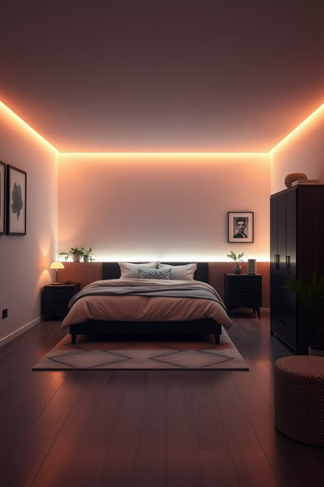 15 Ideas and Inspiration for a Bedroom with LED Lights – bedroomideas.fun Led In Bedroom Ideas, Bedroom Decor Lights Creative, Bedroom Interior Ideas Creative, Cozy Bedroom With Led Lights, Bedroom With Recessed Lighting, Bedroom Light Ideas Ceiling, Led Ambient Lighting, Drawing Room Lighting Ideas, Aesthetic Bedroom With Led Lights