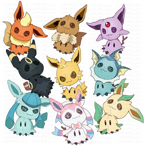 Mimikyu And Sylveon, Halloween Eeveelutions, Dragon Eeveelution, Chibi Eeveelutions, Cute Mimikyu, Eevee Cute, Cute Pokemon Art, Pokemon Fusions, Pokemon Eevee Evolutions