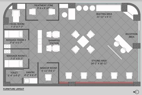 1000 Sq Ft Salon Layout, 900 Sq Ft Salon Layout, Salon Floorplan, Shipping Container Salon, Spa Design Interior, Salon Decor Studio, Wine Storage Wall, Beauty Bar Salon, Saloon Decor