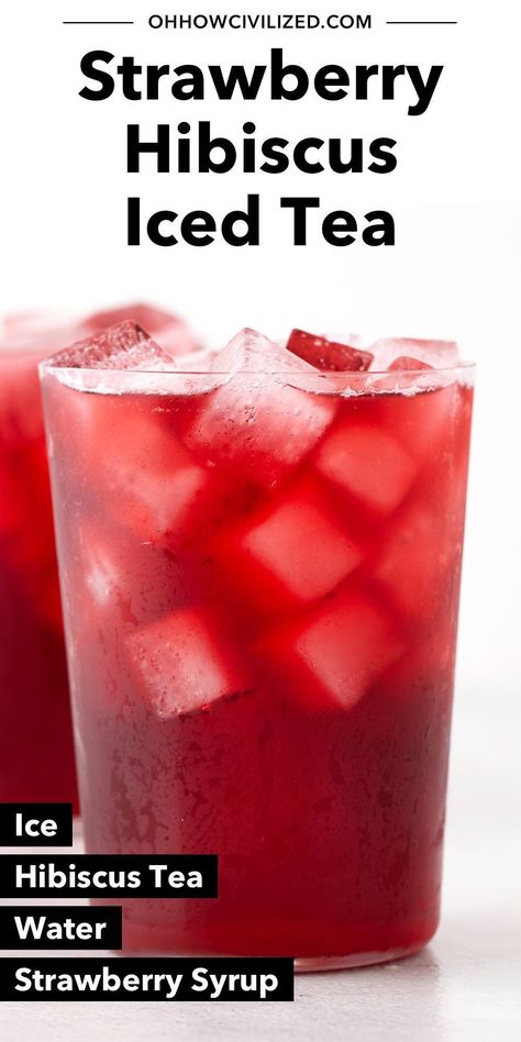 A vibrant and perfectly sweet-tart iced tea that’s made with 4 ingredients! This caffeine-free strawberry hibiscus iced tea is great for serving at baby showers and summer parties. #strawberryhibiscusicedtea #strawberrytea #hibiscustea #icedtearecipes #icedtea Best Iced Teas From Starbucks, Hibiscus Iced Tea Recipes, Hibiscus Tea Drinks, Water Recipes With Flavor Packets, Iced Hibiscus Tea, Loose Tea Recipes, Italian Soda Recipe, Blue Butterfly Pea Flower Tea, Flavored Tea Recipes