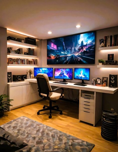 Luxury Gaming Setup, Men’s Gaming Office, Tv And Monitor Setup, Gamer Home Office, Closet Game Room Ideas, Multi Screen Computer Setup, Tech Home Office Design, Trading Home Office, Closet Gaming Setup