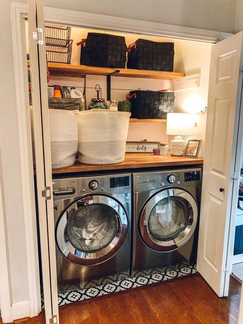 Laundry Alcove Small Spaces, Open Laundry Room Ideas Basements, Small Built In Laundry Room, Open Closet Laundry Room Ideas, Small Mudroom Ideas With Washer And Dryer, Farmhouse Laundry Closet Ideas, Laundry In Dining Room, Closet Turned Laundry Room, Laundry Closet No Doors