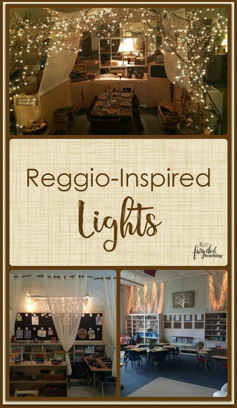 Reggio Infant Classroom Spaces, Fairy Light Classroom, Reggio Hanging Decor, Reggio Classroom Layout, Lights Around White Board Classroom, Reggio Reading Area, Fairy Lights Classroom, Reggio Emilia Inspired Classrooms, Reggio Daycare