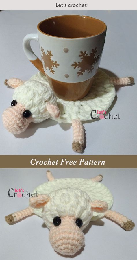 Crochet Amelia The Sheep Coaster Free Pattern #freecrochetpatterns Coaster Crochet, Crochet Coasters Free Pattern, Crochet Coffee, Crochet Sheep, Easy Knitting Projects, Crochet Coaster Pattern, Crochet Dishcloth, Pola Amigurumi, Crochet Coaster