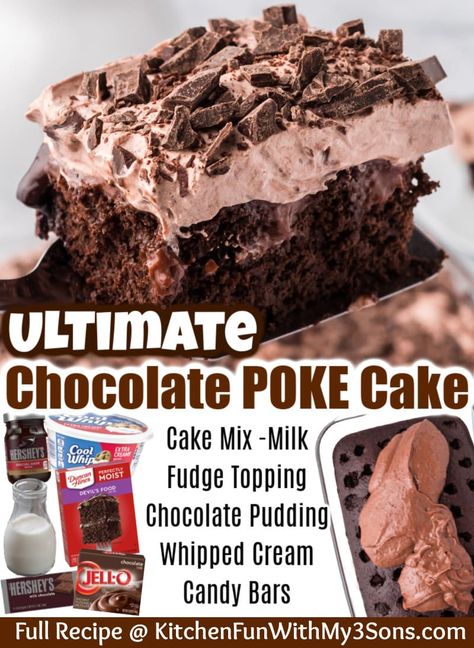 This Chocolate Poke Cake is an ultra-rich and decadent devil's food cake filled with chocolate pudding and topped with chocolate whipped cream - a chocolate lovers dream! Chocolate Cake And Pudding Dessert, Fudge Poke Cake, Chocolate 9x13 Cake, Ding Dong Poke Cake, Devils Food Poke Cakes, Most Chocolate Cake Ever, Chocolate Poke Cake With Box Cake, Chocolate Pudding Poke Cake Recipe, Chocolate Pudding Poke Cake Cool Whip