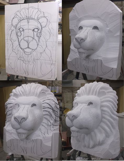 Lion Head eps foam sculpture process | Flickr - Photo Sharing! Thermocol Craft, Foam Sculpture, Styrofoam Art, Foam Props, Cheap Diy Halloween Decorations, Foam Carving, Foam Art, Desain Quilling, Cardboard Sculpture