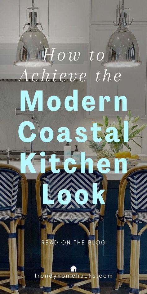 Coastal decor is a way of life that captures the serenity of the coast. Transform your kitchen into a modern coastal haven with our guide. Discover how to select the perfect color palette that mirrors the ocean’s embrace and incorporate nautical accents that tell stories of maritime adventures. From ocean hues to sandy beach inspirations, achieve the modern coastal kitchen look effortlessly. 

Ready to dive in? Head over to the Trendy Home Hacks blog to read! Ocean Inspired Kitchen, Coastal Kitchen Island Decor, Nantucket Kitchen Design, Modern Beach Kitchen, Coastal Chic Kitchen, Coastal Modern Kitchen, Coastal Decor Kitchen, Beach Cottage Kitchen, Coastal Kitchen Ideas