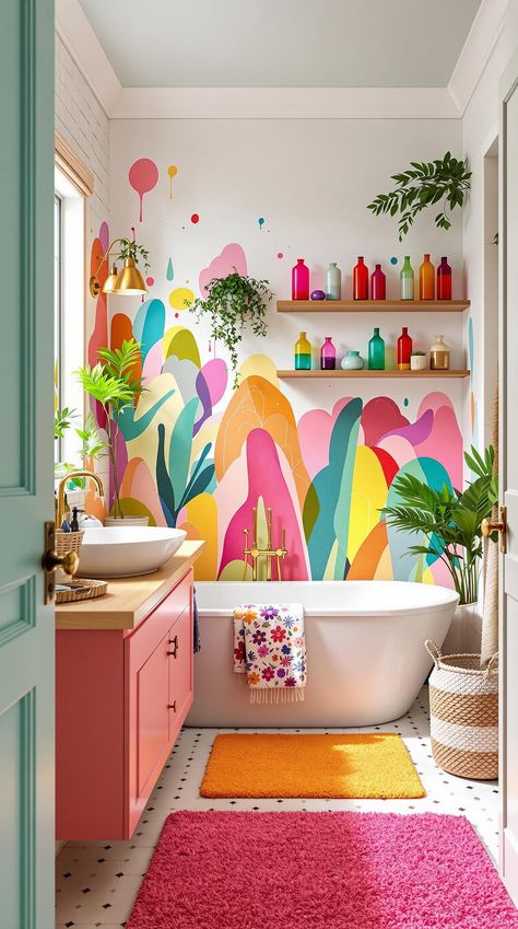 Boho Bathroom Ideas Colorful Interiors Bathroom, Playful Powder Room, Bright Colorful Bathroom Ideas, Bright Yellow Bathroom, Maximalist Interior Bathroom, Magenta Bathroom Ideas, Colorful Bathroom Walls, Bathroom Bright Colors, Small Colourful Bathroom Ideas