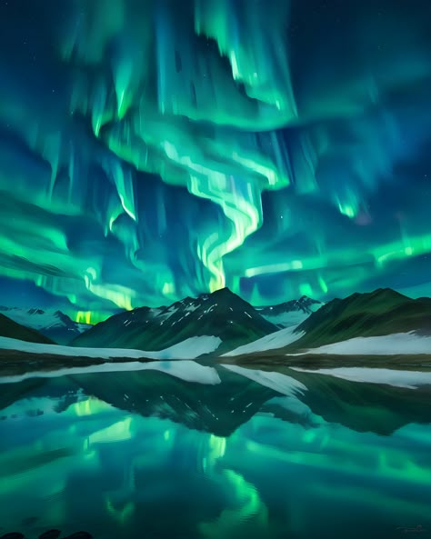 Traditional watercolor painting of mountains reflected in a lake with a green aurora borealis in the sky. This stunning artwork features a color scheme inspired by Jessica Rossier. The northern lights serve as a captivating background, adding an ethereal touch to the scene. This painting is currently trending on Unsplash and has been featured for its mesmerizing depiction of the aurora borealis. Abstract Aurora Borealis, Aura Borealis Painting, Aurora Borealis Mountains, Gouache Northern Lights, Northern Light Watercolor, Northern Light Illustration, Aurelia Borealis, Northern Lights Aesthetic, Aurora Painting