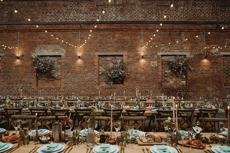 Glasgow engine works wedding flowers with rustic tables and flower clouds in bricked up windows Ceilidh Dance, Wild Flower Wedding, Wedding Venue Scotland, Engine Works Glasgow Wedding, Alter Ideas, Bring The Outdoors Inside, Scottish Flowers, Glasgow Wedding, Rustic Tables