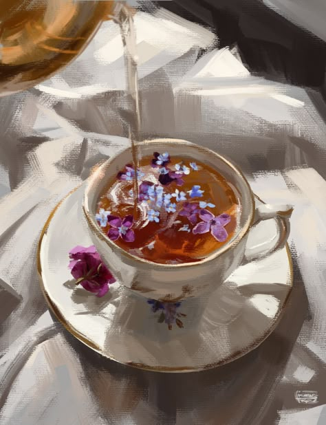 Coffee In Teacup, Teacup Oil Painting, Tea Cup Art Painting, Tea Painting Art, Cup Of Tea Painting, Tea Oil Painting, Tea Pot Painting, Coffee Oil Painting, Cup Oil Painting