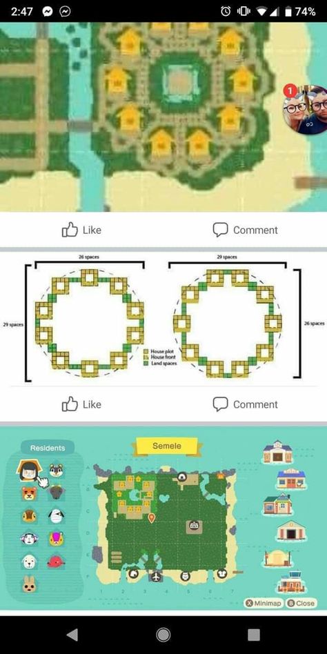 Acnh Resident House Layout, Acnh Circle Neighborhood Layout, Acnh Lake Entrance, Circle Neighborhood Animal Crossing, Acnh East River Layouts, Animal Crossing Neighborhood Layout Map, Acnh Villagers Homes Layout Size, Animal Crossing House Placement Ideas, Acnh Island Design Ideas Neighborhood