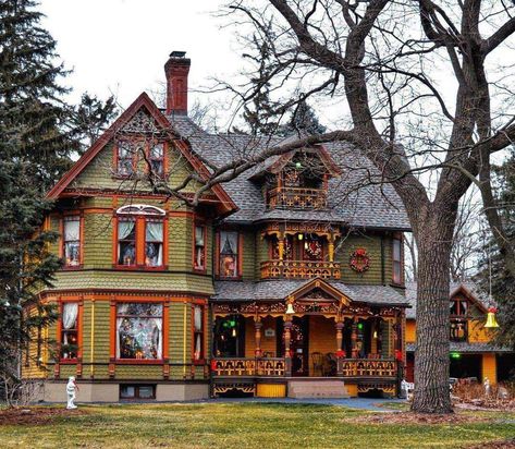 Victorian House Exterior, Queen Anne Victorian House, Elgin Illinois, Victorian Homes Exterior, Queen Anne House, Queen Anne Victorian, Historical Homes, Sunken Living Room, Cottage Aesthetic