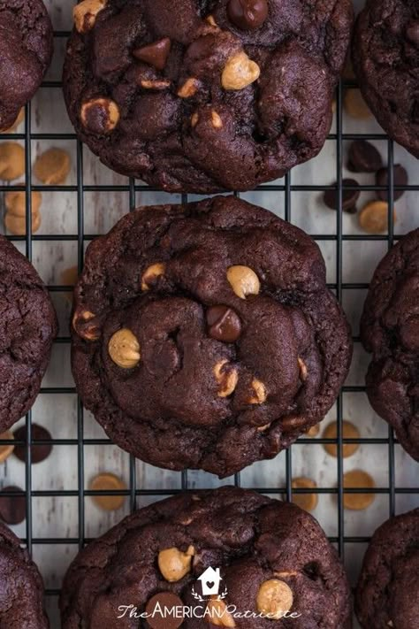 The BEST Chocolate Cookies with Reese's Peanut Butter Chips Double Chocolate Chip Peanut Butter Cookie Recipe, Best Peanut Butter Chip Cookies, Chocolate Reeses Pieces Cookie, Chocolate Cookie Peanut Butter Chips, Chocolate Reese’s Pieces Cookies, Chocolate Cookie With Peanut Butter Chip, Chocolate Cookies Peanut Butter Chips, Reese Peanut Butter Chip Cookies, Reese’s Peanut Butter Chocolate Cookies