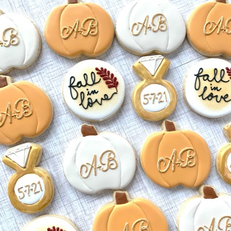 Pumpkin Engagement Party, Fall Engagement Party Cookies, Backyard Fall Engagement Party, Fall Themed Couples Shower Ideas, Fall In Love Cookies Decorated, Fall Engagement Party Ideas Decorations, Engagement Party Fall Theme, Fall Engagement Party Themes, Falling In Love Engagement Party Theme