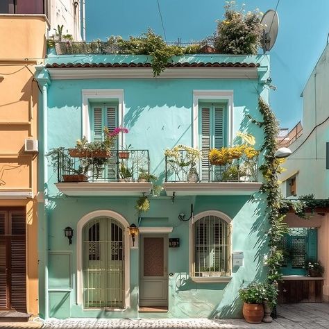 Download this Premium Photo about A blue building with a balcony in a countryside, and discover more than 60 Million Professional Stock Photos on Freepik Portuguese Houses, Colorful Buildings, Cute Buildings, Pretty Buildings, Carlton House, Blue Building, Linear Park, Courtyard Design, Colourful Buildings