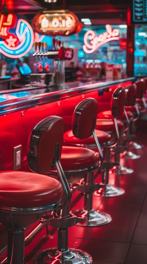 50s Cafe Aesthetic, Diner Night Aesthetic, 1960 Diner, Old Diner Aesthetic, Retro Cafe Design, Vintage Diner Aesthetic, Retro Diner Aesthetic, Coffeehouse Design, Neon Diner