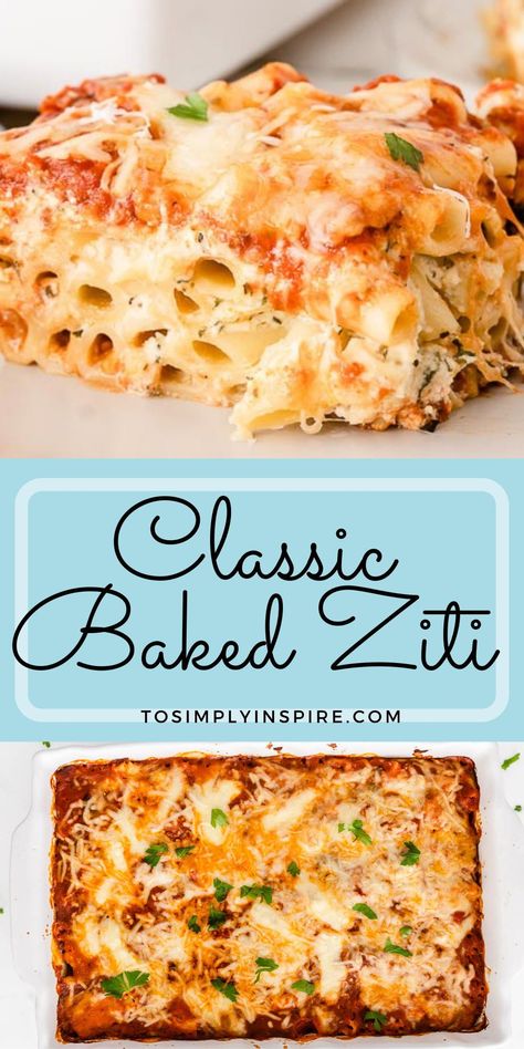 Party Size Baked Ziti, Baked Ziti Authentic, Baked Ziti Meal Prep, Bake Ziti Recipe Meatless, Cheese Ziti Bake, Greek Baked Ziti, 3 Cheese Ziti Pasta, Baked Ziti No Boil Pasta, Lasagna Style Baked Ziti