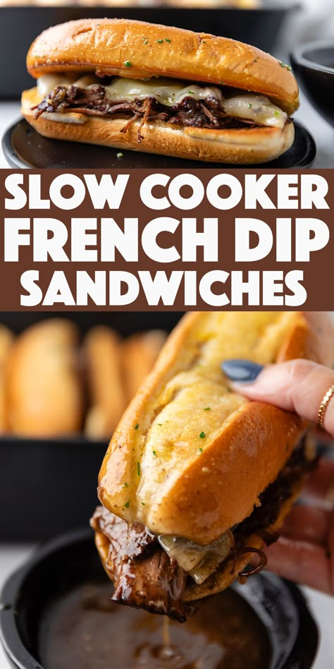 Easy Crockpot French Dip Sandwiches, Slow Cooker Beef Dip Sandwiches, Crockpot French Dip Recipes, French Onion Sandwich Slow Cooker, Crockpot Frenchdip Sandwiches, Pot Roast French Dip, Beef Sandwiches Crock Pot French Dip, Mini French Dip Sliders, French Dipped Sandwiches