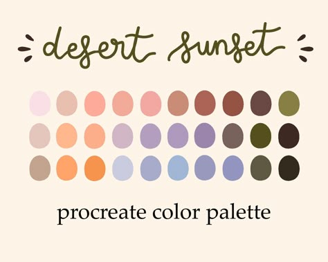 * this is a digital product * this color palette was created so YOU could use it for procreate, goodnotes5, web design color palette or anything you want/need. my inspiration was a desert sunset and the many colors we see while the sun sets. it's a summer palette with delicate, vibrant, and calming tones. after purchase, you will receive your files for download :) about me/backstory: I began creating color palettes as a way of calming myself. due to my ADHD, it's hard for me to stay focused or m Desert Landscape Color Palette, Desert Sunset Color Palette, Desert Color Scheme, Western Color Palette, Color Seeds, Procreate Swatches, Digital Color Palette, Procreate Etsy, Pallete Color