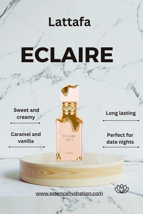 Eclaire by Lattafa Perfumes is a Floral Fruity Gourmand fragrance for women. This is a new fragrance. Eclaire was launched in 2024. Top notes are Caramel, Milk and Sugar; middle notes are Honey and White Flowers; base notes are Vanilla, Praline and Musk. Eclair Perfume, Lattafa Eclaire, Good Perfumes, Lattafa Perfume, Perfume Wishlist, Arabic Perfume, Beautiful Eyeshadow, Milk And Sugar, Fragrances Perfume Woman